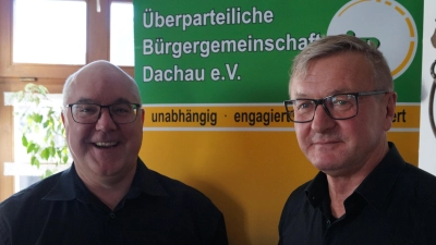 Der 1. Vorsitzende der ÜB Dachau, Jürgen Schleich begrüßte den Sportdirektor des ASV-Volleyballteams- Josef Wolf (rechts). (Foto: ÜB)