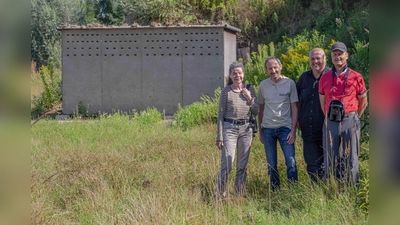 Gemeinsam vor der künstlischen Brutwand für die Uferschwalbe (von links): Sybille Hein (Untere Naturschutzbehörde), Fred Wilhelm, Cyrus Mahmoudi und Clemens Krafft vom LBV Dachau. (Foto: Bernhard Sturm)